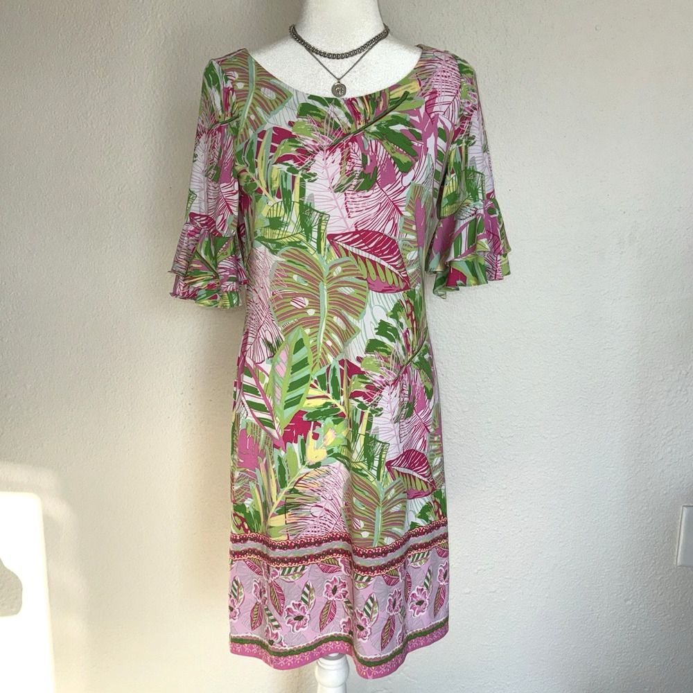 Pappagallo Shift Dress Women Small Pink Green Tropical Oasis Combo Ruffle Sleeve